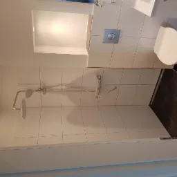 Nowoczesna łazienka z białymi płytkami, deszczownicą, podtynkową spłuczką WC i ciemną podłogą z płytek imitujących drewno.