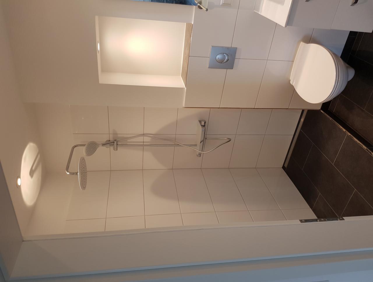 Nowoczesna łazienka z białymi płytkami, deszczownicą, podtynkową spłuczką WC i ciemną podłogą z płytek imitujących drewno.