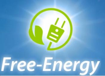 Zielone logo Free-Energy przedstawiające wtyczkę z listkiem wpisaną w okrąg, na tle błękitnego nieba z promieniami słońca.