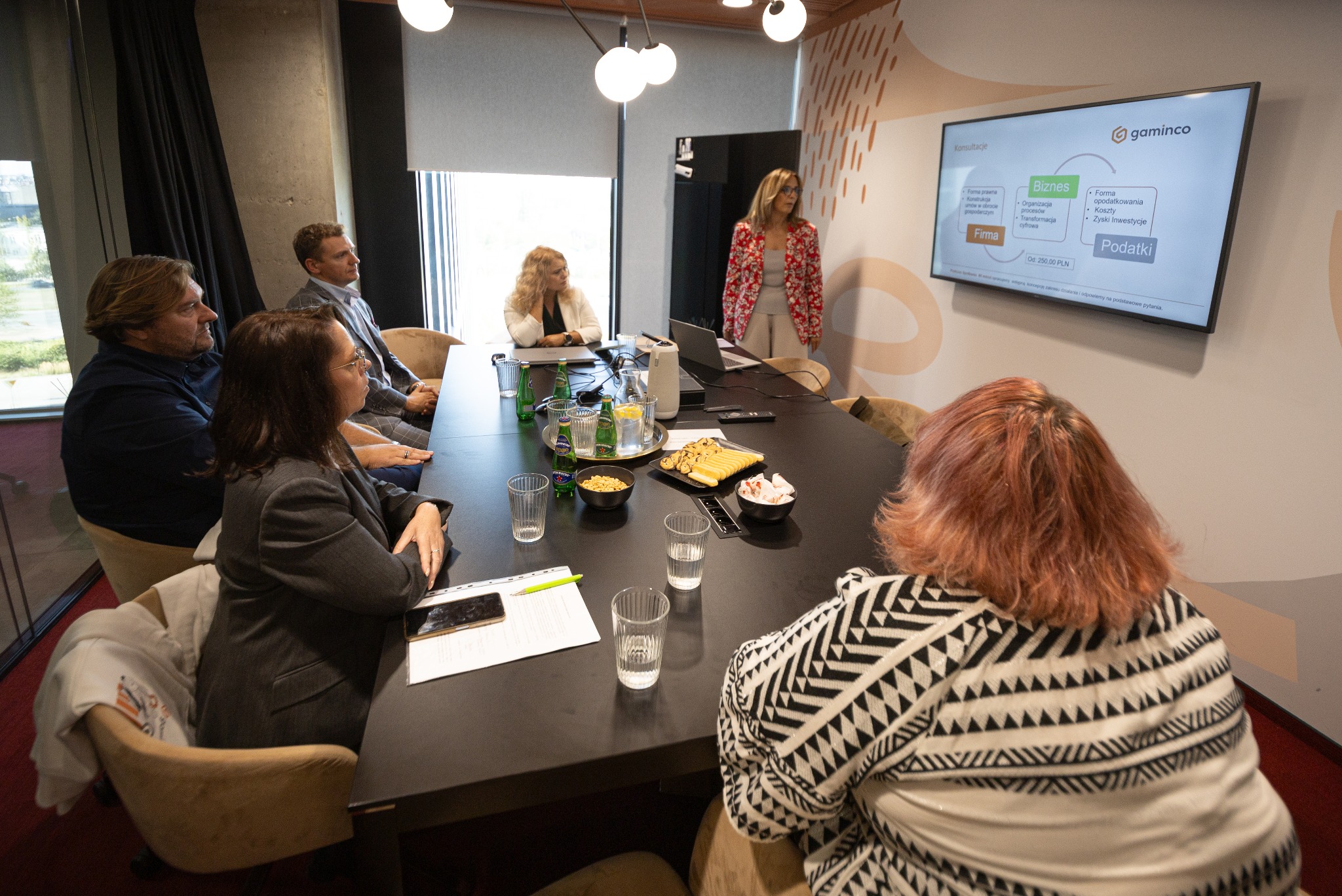 Prezentacja dla grupy osób w sali konferencyjnej, ekran wyświetla schemat blokowy z kategoriami: Firma, Biznes, Podatki oraz logo Gaminco.