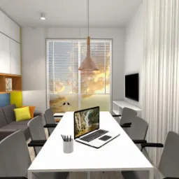 Wizualizacja nowoczesnego biura z długim białym stołem, szarymi krzesłami, laptopem z wygaszaczem ekranu przedstawiającym wodospad, lampą wiszącą, kanapą z żółtymi poduszkami i zabudową kuchenną...