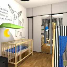 Pokój dziecięcy z łóżeczkiem, rysunkiem na ścianie przedstawiającym zwierzę i lampką w kształcie księżyca, widok na drugie łóżeczko przez drzwi.