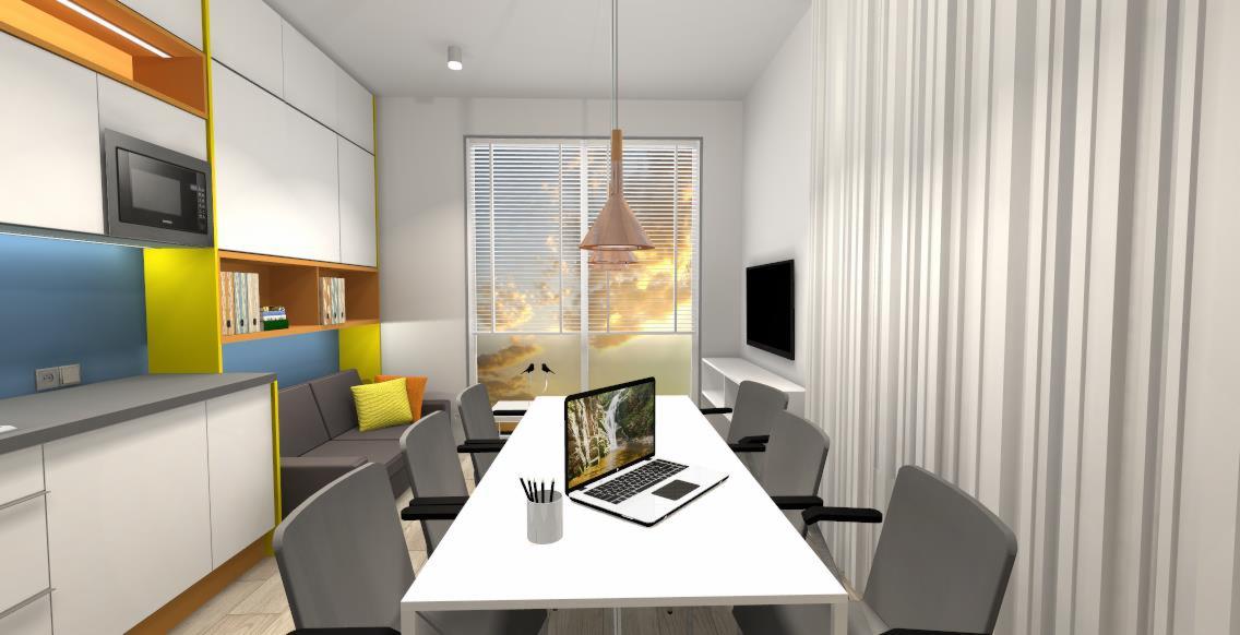 Wizualizacja nowoczesnego biura z długim białym stołem, szarymi krzesłami, laptopem z wygaszaczem ekranu przedstawiającym wodospad, lampą wiszącą, kanapą z żółtymi poduszkami i zabudową kuchenną...