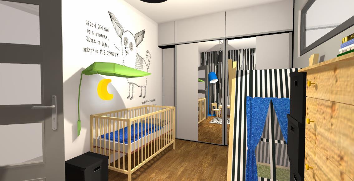 Pokój dziecięcy z łóżeczkiem, rysunkiem na ścianie przedstawiającym zwierzę i lampką w kształcie księżyca, widok na drugie łóżeczko przez drzwi.