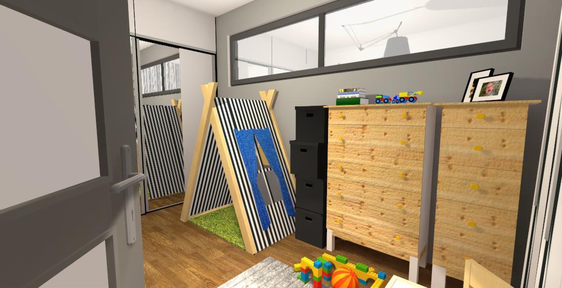 Wizualizacja pokoju dziecięcego z tipi w czarno-białe paski, drewnianymi komodami z żółtymi uchwytami, czarnymi pudełkami do przechowywania i zabawkami na podłodze.
