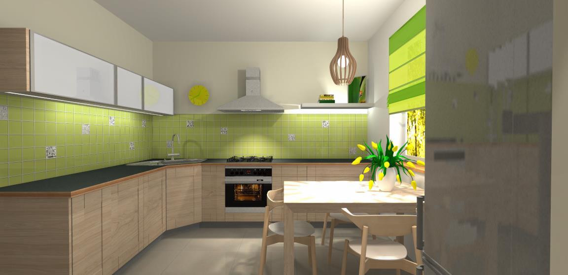 Wizualizacja jasnej kuchni z zielonymi płytkami, drewnianymi szafkami i blatem, stół z krzesłami i bukietem żółtych tulipanów, wisząca lampa z drewnianymi elementami.