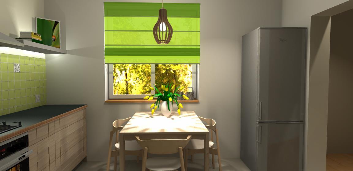 Wizualizacja kuchni z drewnianymi meblami, zielonymi płytkami nad blatem i oknem z zielonymi roletami, nad którym wisi ozdobna lampa, a na stole stoi wazon z żółtymi tulipanami.