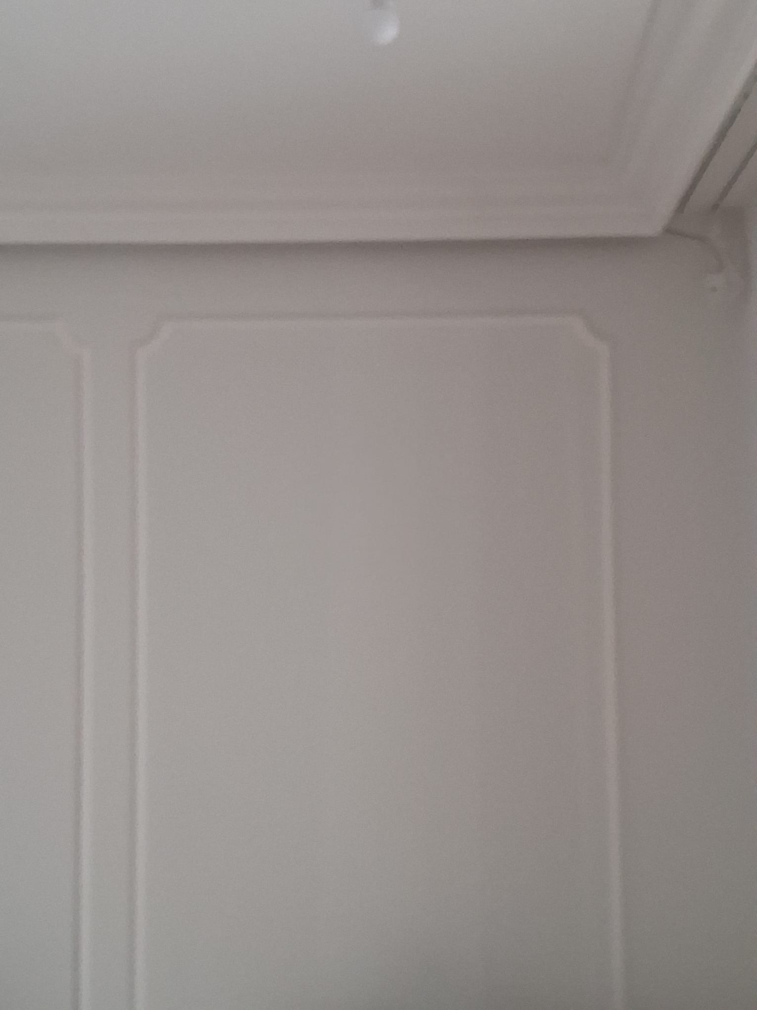 Biała ściana z dekoracyjnymi panelami i listwami przysufitowymi, subtelne oświetlenie, minimalistyczny design.