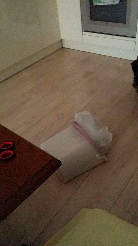 Podłoga z paneli w trakcie remontu, zabezpieczona kartonem i folią malarską, widoczny fragment szafki i ściany.