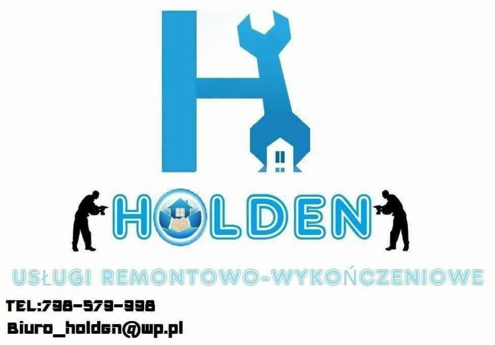 Logo firmy z Gdyni oferującej usługi remontowo-wykończeniowe: niebieskie litery, sylwetki robotników z wiertarkami i ikona klucza francuskiego nad symbolem domu.