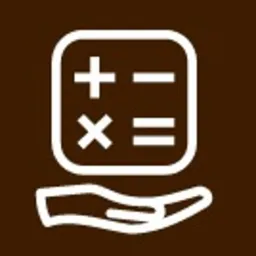 Ikona kalkulatora z symbolami matematycznymi (dodawanie, odejmowanie, mnożenie, dzielenie) umieszczona na otwartej dłoni, na brązowym tle.