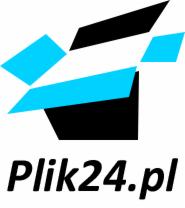 Stylizowany symbol otwartego pudełka w kolorach błękitnym i czarnym, poniżej nazwa domeny 'Plik24.pl' pisaną pochyloną czcionką.