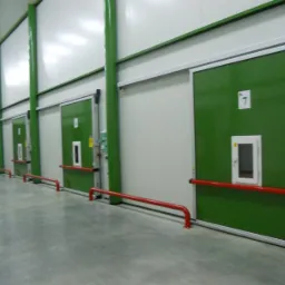 Wnętrze chłodni z rzędem zielonych, przesuwnych drzwi z numerami i okienkami inspekcyjnymi, zabezpieczonych czerwonymi barierkami ochronnymi.