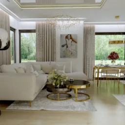 Jasny salon z narożną sofą, marmurowymi stolikami kawowymi na złotych nogach, rzeźbą trzymającą kule i jadalnią z widokiem na ogród.