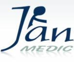 Niebieskie logo firmy Jan Medic, stylizowana postać na wózku inwalidzkim nad napisem, odbicie w dolnej części.