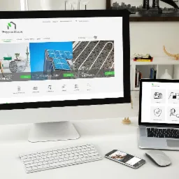 Dwa ekrany komputerów, jeden stacjonarny iMac i jeden laptop, prezentujące stronę internetową firmy Progress House, z ofertą instalacji fotowoltaicznych, ogrzewania podłogowego i odkurzaczy...