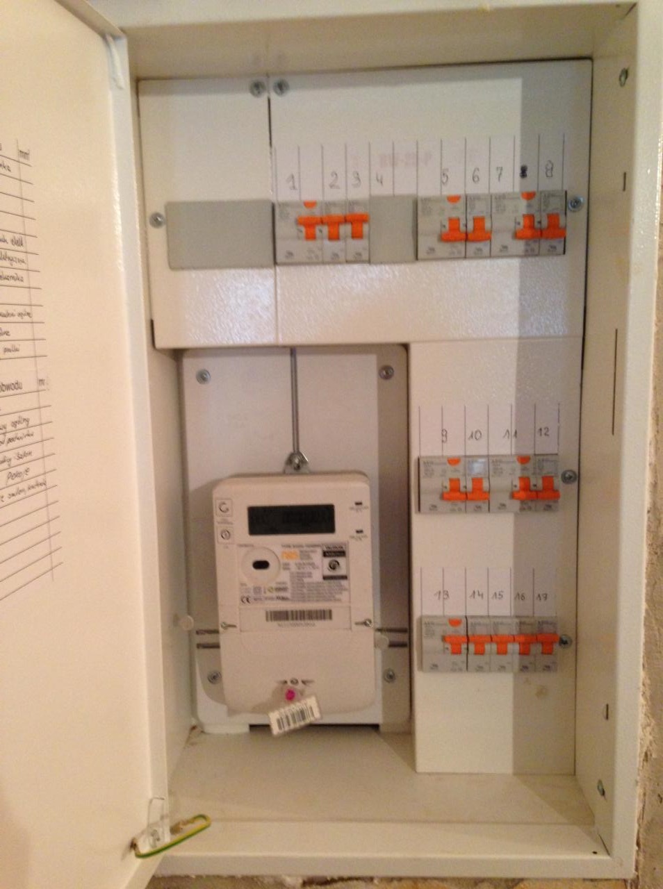 Otwarta skrzynka elektryczna z zamontowanym licznikiem energii i bezpiecznikami, widoczne oznaczenia numerów obwodów, wnętrze skrzynki oświetlone.