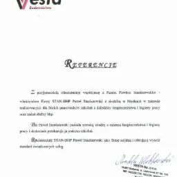 Skan dokumentu referencyjnego dla firmy STAN-BHP Paweł Staniszewski w zakresie szkoleń BHP, wystawiony przez Vesta Budownictwo z datą 20.05.2019.