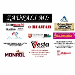 Zestaw logo różnych firm i instytucji, w tym Intermarche, Biawar, Vesta Budownictwo, Gościniec Dworak, Monrol i Powiatowy Urząd Pracy w Mońkach, pod nagłówkiem 'Zaufali mi'.