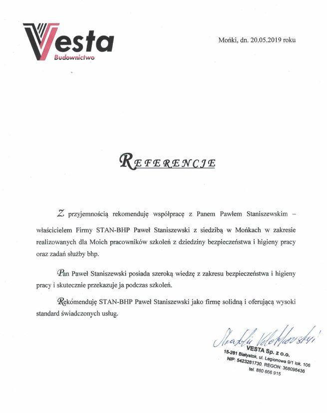 Skan dokumentu referencyjnego dla firmy STAN-BHP Paweł Staniszewski w zakresie szkoleń BHP, wystawiony przez Vesta Budownictwo z datą 20.05.2019.