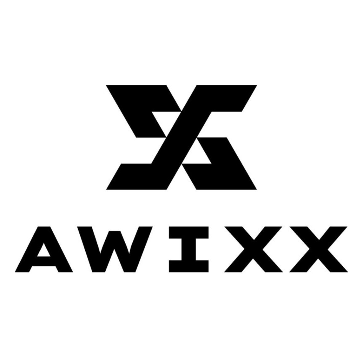 Czarne logo AWIX na białym tle. Geometryczny symbol graficzny nad nazwą firmy. Minimalistyczny design, wyraźny kontrast.