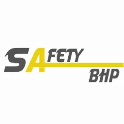 Logo firmy z napisem 'SAFETY BHP', gdzie litera 'A' jest żółta i przedłużona jako pozioma linia nad napisem 'BHP'.