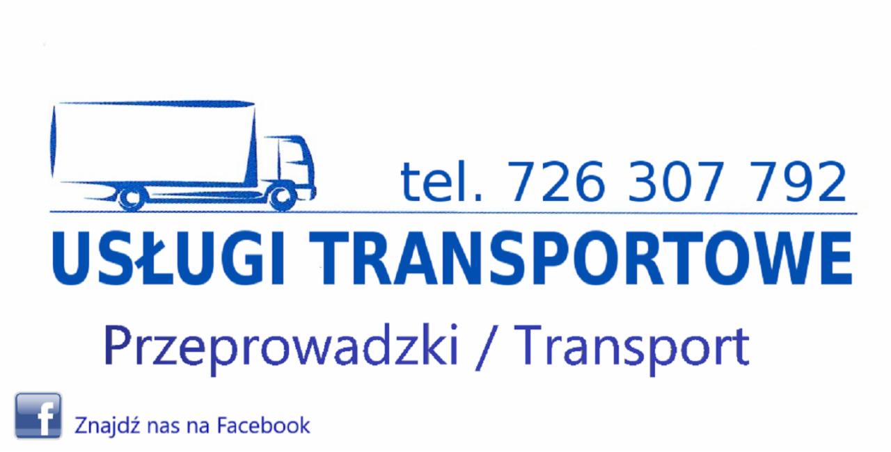 Niebieskie logo firmy transportowej z rysunkiem ciężarówki, numerem telefonu i odnośnikiem do Facebooka.