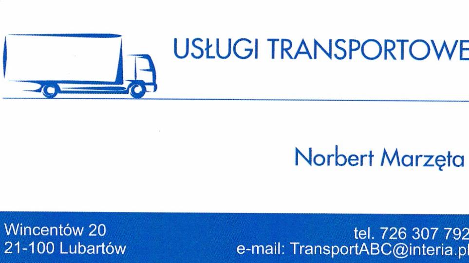 Wizytówka firmy transportowej z minimalistyczną grafiką przedstawiającą biało-niebieski samochód ciężarowy, nazwą firmy Usługi Transportowe Norbert Marzęta, adresem Wincentów 20, 21-100 Lubartów...