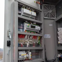 Otwarta szafa sterownicza z licznymi przewodami, bezpiecznikami, wentylatorem i modułami elektronicznymi, widok z boku na szarą obudowę z zamkiem.