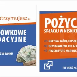 Grafika reklamowa: kredyty gotówkowe i konsolidacyjne, pożyczki z niskimi ratami. Oferta z elastycznym okresem spłaty i błyskawiczną decyzją. Kontakt: telefon i strona www.