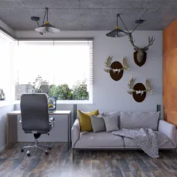 Nowoczesny pokój biurowy z biurkiem, krzesłem, sofą i dekoracjami myśliwskimi na ścianie, oświetlony lampami wiszącymi w stylu industrialnym.
