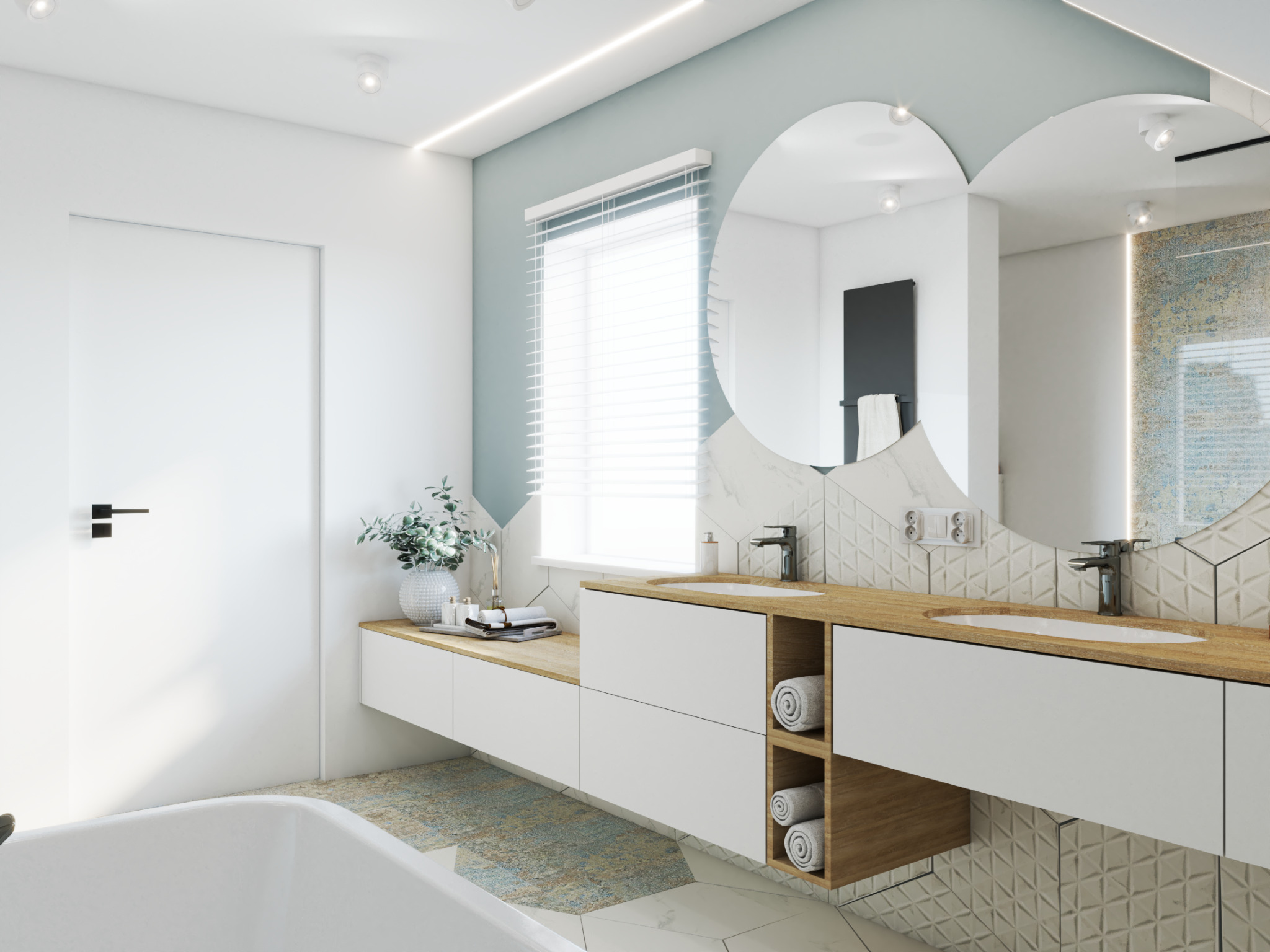 Nowoczesna łazienka z podwójną umywalką na drewnianym blacie, białymi szafkami i okrągłymi lustrami, oświetlona ledowym paskiem i punktowymi lampami.