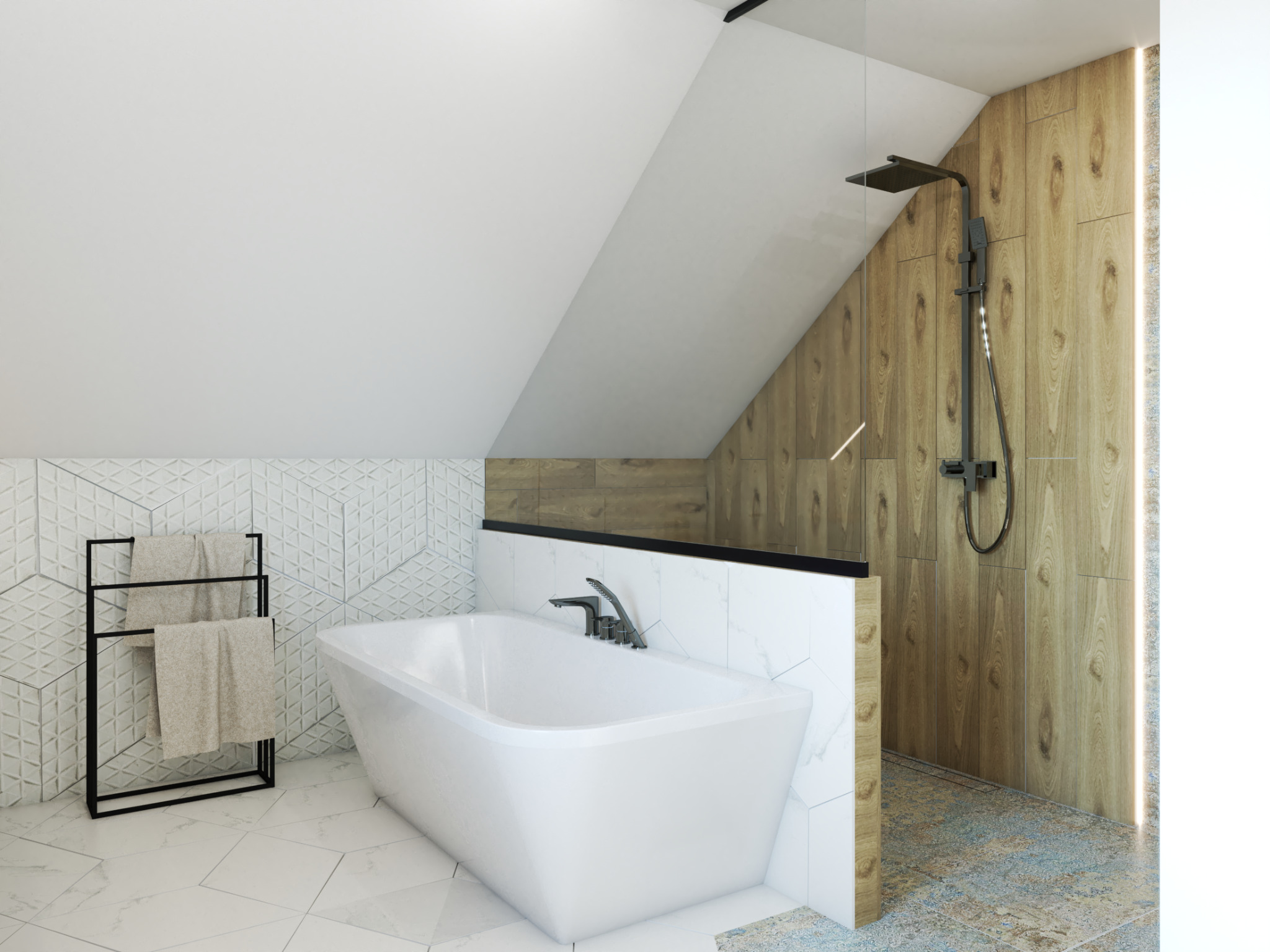 Nowoczesna łazienka na poddaszu z białą wanną, czarną armaturą i kabiną prysznicową wykończoną drewnopodobnymi płytkami, oświetloną pionową listwą LED.