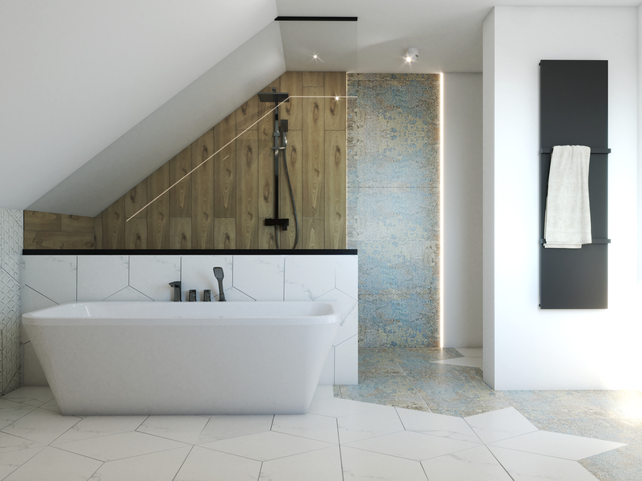 Nowoczesna łazienka na poddaszu z wolnostojącą białą wanną, czarną armaturą i grzejnikiem drabinkowym, wykończona płytkami imitującymi drewno i mozaiką w odcieniach błękitu i beżu.