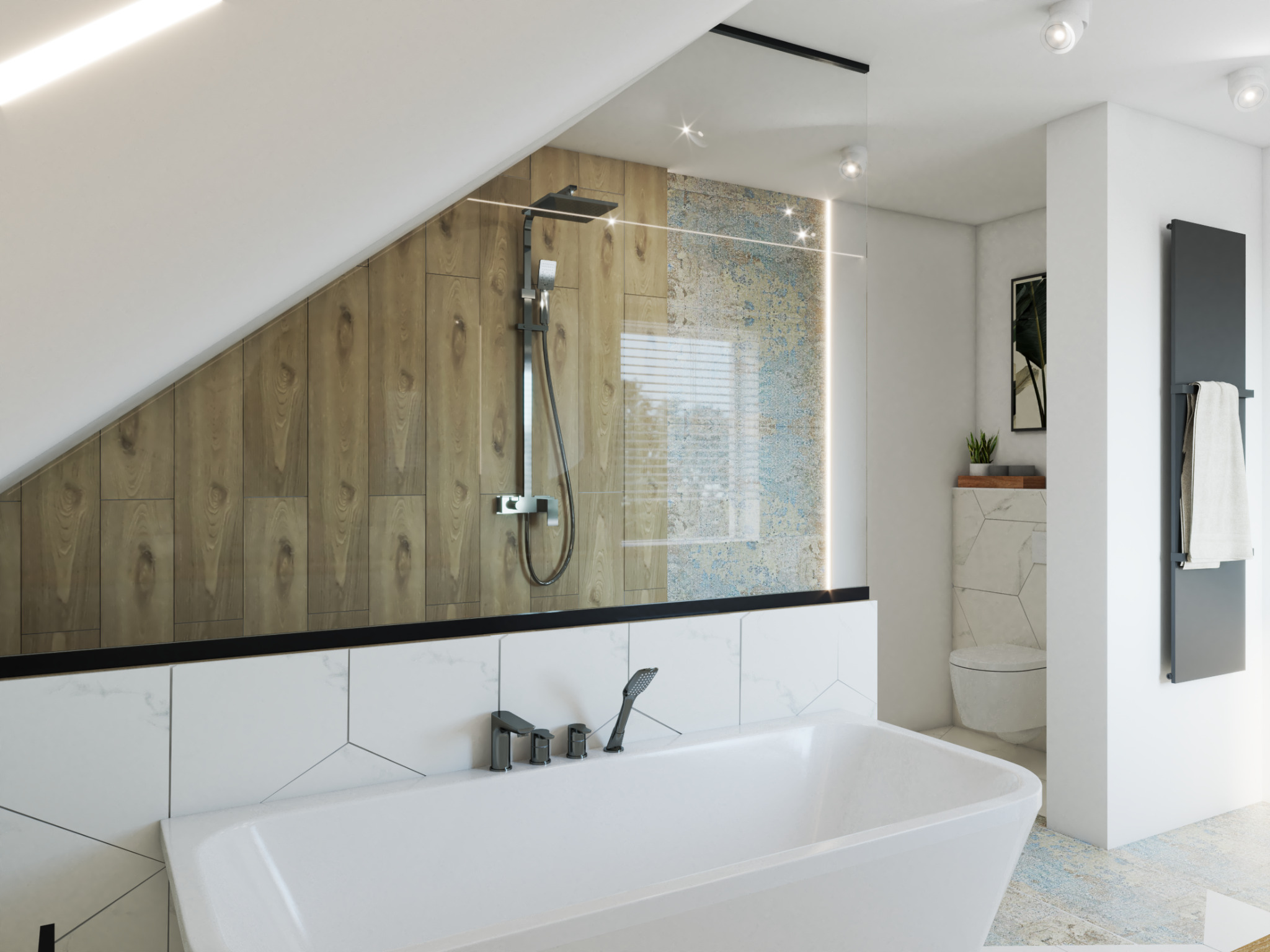 Nowoczesna łazienka na poddaszu z drewnianą okładziną prysznica, białą wanną, armaturą w kolorze grafitowym i dekoracyjną mozaiką na ścianie.