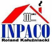 Logo firmy INPACO Roland Kałużniacki z czerwonym dachem domu i schematycznym białym grzejnikiem na białym tle.