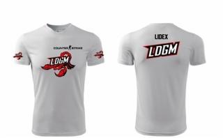 Dwie białe koszulki z nadrukiem: z przodu logo z motywem skorpiona i napisem LDGM, z tyłu napis LIDEX nad logo LDGM. Grafika nawiązuje do gry Counter-Strike.