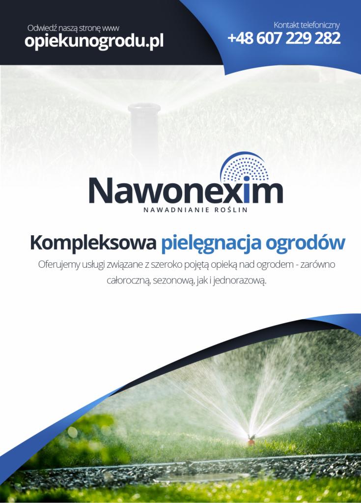 Grafika reklamowa firmy Nawonexim, specjalizującej się w nawadnianiu roślin i kompleksowej pielęgnacji ogrodów, prezentująca zraszacz w akcji na tle zielonego trawnika.