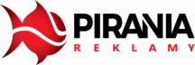 Logo firmy 'PIRANIA Reklamy': stylizowana czerwona ryba z płomieniami i czarny napis 'PIRANIA' nad czerwonym napisem 'REKLAMY'.