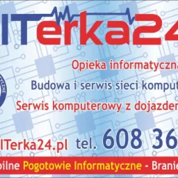 Grafika reklamowa firmy ITerka24.pl z Braniewa, oferującej opiekę informatyczną, budowę i serwis sieci, oraz serwis komputerowy z dojazdem, z logotypem pogotowia informatycznego i ilustracjami...