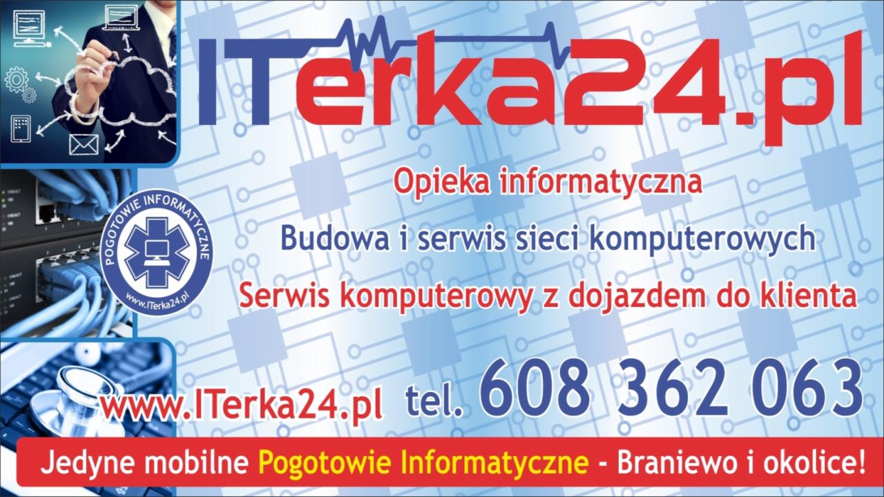 Grafika reklamowa firmy ITerka24.pl z Braniewa, oferującej opiekę informatyczną, budowę i serwis sieci, oraz serwis komputerowy z dojazdem, z logotypem pogotowia informatycznego i ilustracjami...
