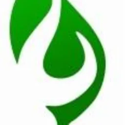 Zielony, abstrakcyjny symbol przypominający liść z płynną, białą linią w środku, na białym tle. Minimalistyczny, ekologiczny design.