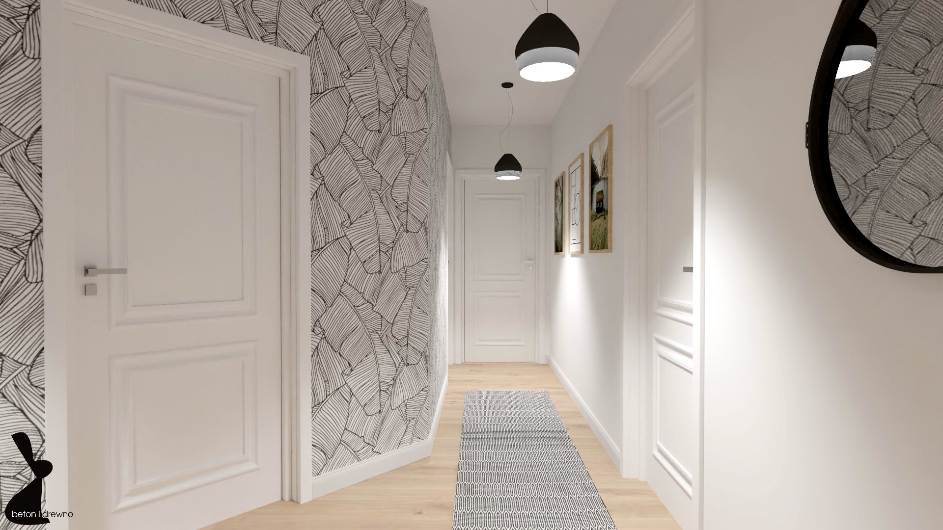 Wizualizacja wąskiego korytarza z białymi drzwiami, tapetą w liście, podłogą z jasnego drewna, czarnymi lampami wiszącymi i szarym dywanem, oraz okrągłym lustrem.