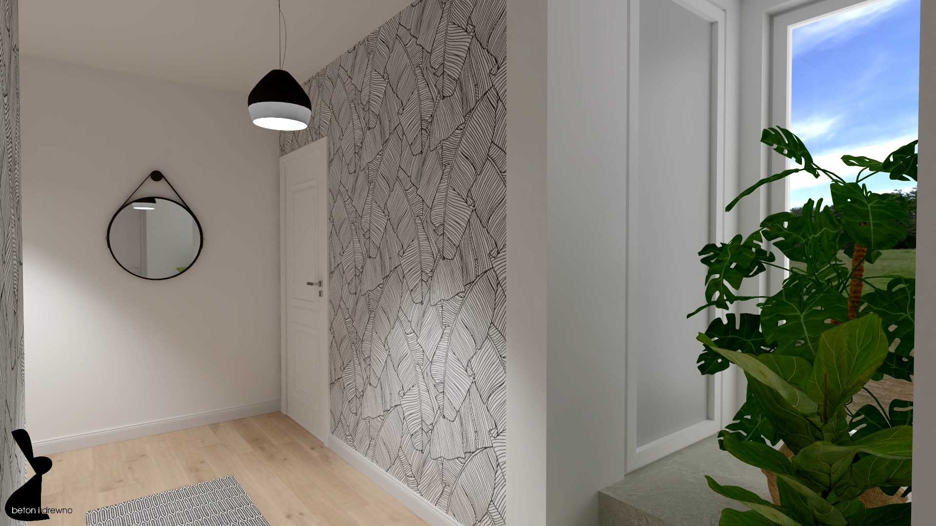 Wnętrze przedpokoju z tapetą w motyw liści, okrągłym lustrem na pasku, lampą wiszącą i rośliną doniczkową przy oknie.