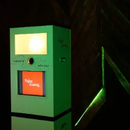 Zielona budka do zdjęć z napisem 'Fajne Rzeczy' w Gryfinie, ustawiona na tle drewnianej ściany z zielonym podświetleniem.