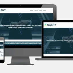 Responsywna prezentacja strony internetowej cashy.pl na monitorze, laptopie, tablecie i smartfonie z widocznym logo i hasłem o przyspieszeniu płatności faktur.