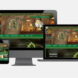 Responsywny projekt strony internetowej gnomesgarden.ie wyświetlany na monitorze, laptopie, tablecie i smartfonie. Strona utrzymana w zielonej kolorystyce z motywem baśniowego ogrodu i postacią gnoma.
