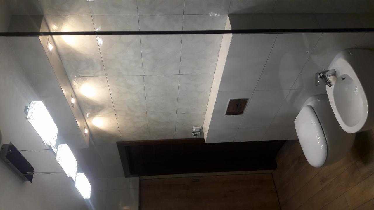 Nowoczesna łazienka z białymi płytkami, podwieszaną toaletą i bidetem, oświetleniem sufitowym oraz drewnianym wykończeniem drzwi, widziana z perspektywy sufitu.