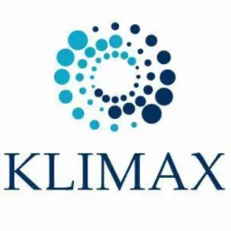 Logo firmy KLIMAX z abstrakcyjnym symbolem składającym się z niebieskich i turkusowych kropek ułożonych w okrąg.