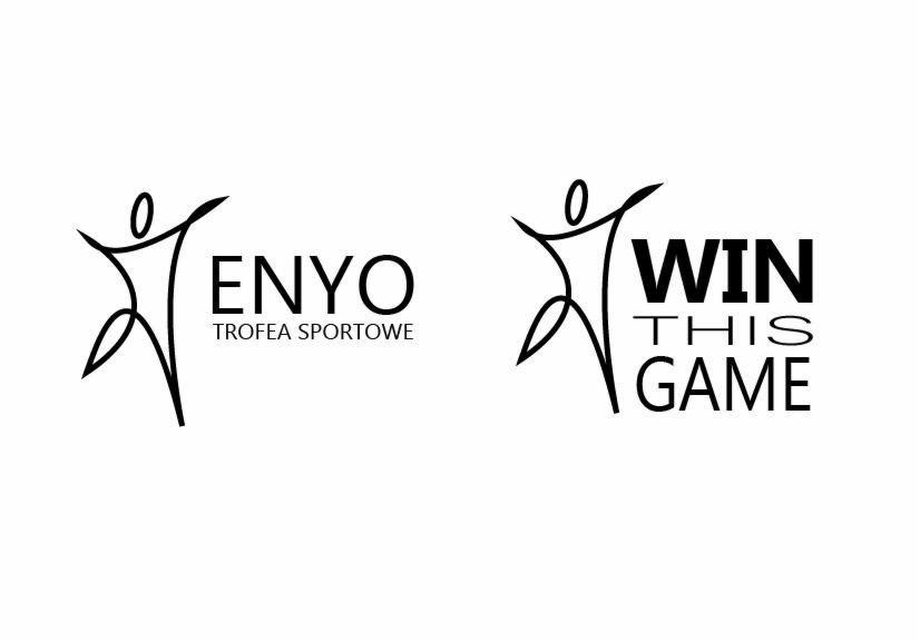 Dwa minimalistyczne logotypy: po lewej stylizowana postać z napisem 'ENYO TROFEA SPORTOWE', po prawej podobna postać z napisem 'WIN THIS GAME', oba w czerni na białym tle.